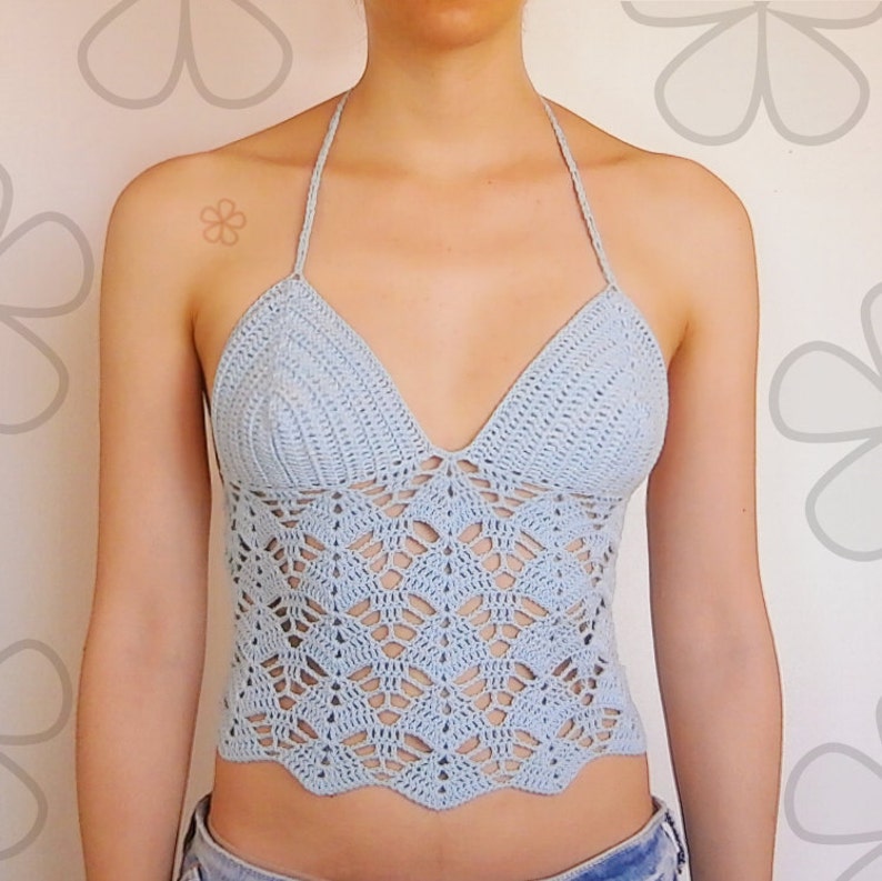 1 pattern FREE. 4 crochet tops. Top with granny squares 3 Lacy halter tops with corset back _ PTL1 image 2