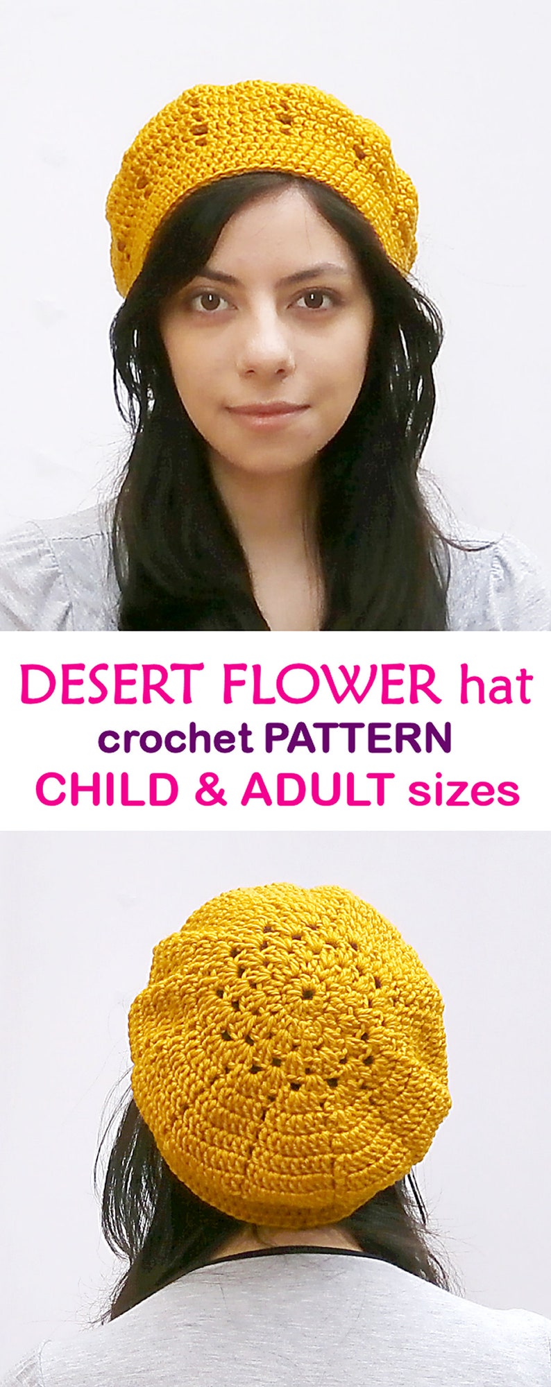 Crochet beret PDF pattern. Kids & adults hat. Easy level crochet hat pattern // DESERT FLOWER hat_ L03 image 9