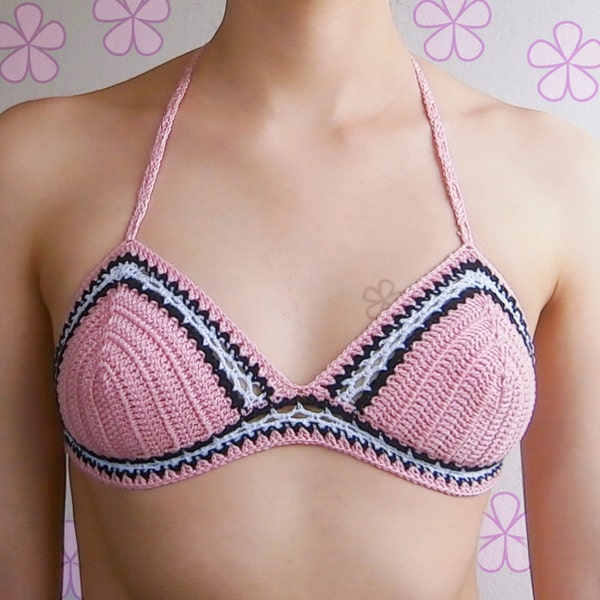 Halter crochet bikini top pattern. Easy level bikini top in 3 colors // BETTY bikini top crochet pattern _ M42