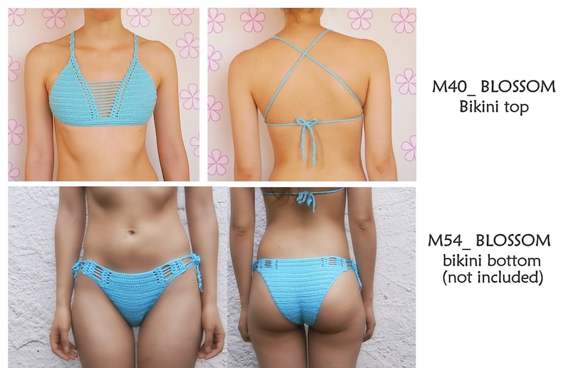 Triangle crochet bikini top with thin see-through straps at the center // The BLOSSOM bikini top crochet pattern _ M40 image 3