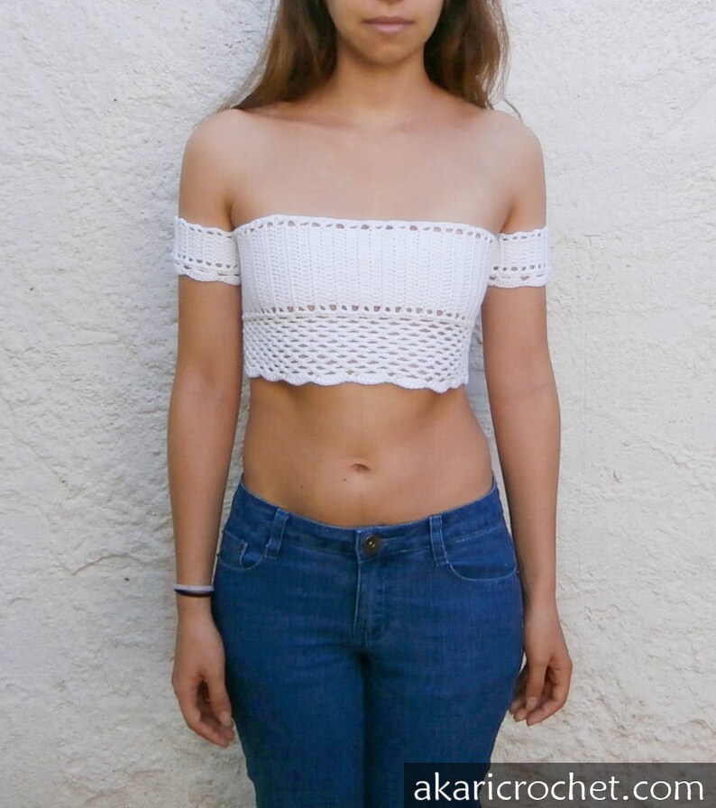 Off the shoulder lace up crochet top pattern // PETALS crop top crochet pattern _ M55 image 3