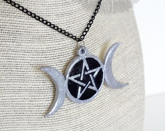 Triple Moon Goddess Necklace: Gothic Wicca Pentacle Pendant