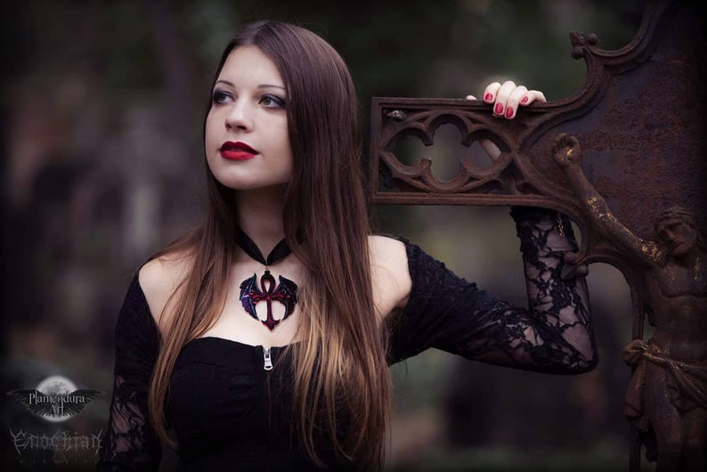 VAMPIRE Red Ankh BAT CROSS Choker 