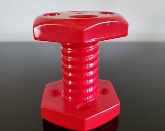 Vintage 1970s Mid Century Modern MOD Red Nut & Bolt Shape Porcelain Toothbrush Holder