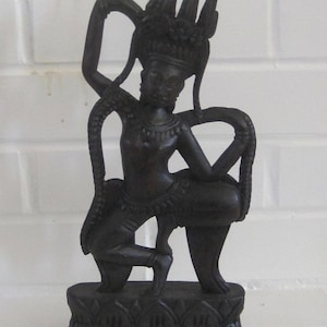 Vintage Hand Carved Wood Angkor Wat Apsara Dancing Snake Goddess Sculpture Statue