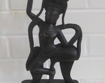 Vintage Hand Carved Wood Angkor Wat Apsara Dancing Snake Goddess Sculpture Statue