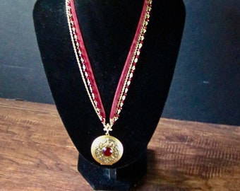 Vintage Brass Locket Necklace with Faux Ruby, Red Velvet Chain