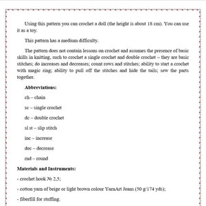 May include: Crochet pattern instructions for making a doll, approximately 18 cm tall. The pattern includes abbreviations for crochet stitches, materials needed, and instructions for assembling the doll.