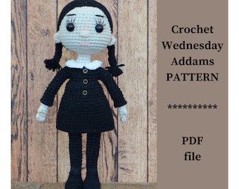 PATTERN Crochet doll Wednesday Addams, Сrochet gothic doll, pdf tutorial, creepy doll, Halloween doll