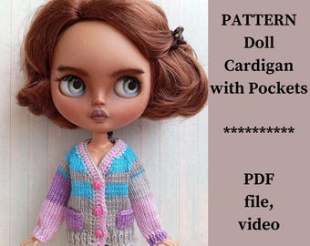 Knitting Pattern for 12 Inch Doll Cardigan: Striped Design with Pockets (PDF Download)