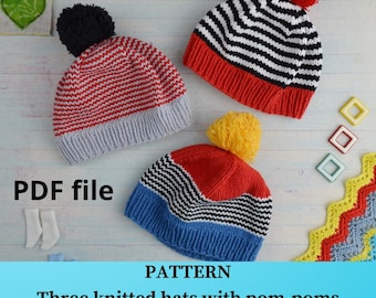 Knitting Pattern for 12 Inch Doll Hats: Pom-Pom Beanies (PDF Instant Download)