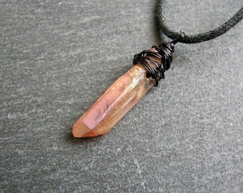 Orange flame Aura Quartz point pendant, Tangerine amulet necklace, creativity gemstone, gift for him, men jewelry