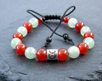 Taurus Zodiac bracelet, Aventurine and Carnelian gemstones, unisex wristband, mala cuff, men jewelry, yoga gift for him, her