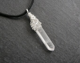 Clear Quartz Point Pendant: Silver Filled Wire Wrapped Crystal Amulet Necklace, Gemstone Boho Jewelry