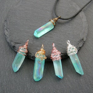 Aqua Aura Quartz point pendant, blue unisex amulet necklace, antistress stone, success gemstone, gift for him, gift for her, men jewelry