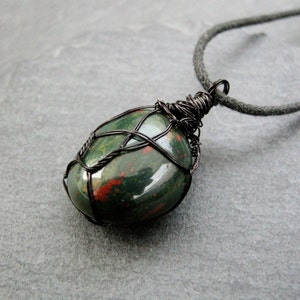 Bloodstone pendant, Heliotrope unisex protective necklace amulet, March Birthstone, balance and anti anxiety gemstone, men gift jewelry