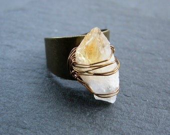 Citrine raw ring, antique bronze adjustable ring, bohemian jewelry, minimal crystal stone ring, yellow rough gemstone ring, women jewelry