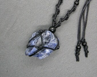 Sodalite pendant, rough stone, braided macrame unisex necklace, Sagittarius men jewelry, gift for him, present for her