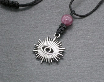 Lepidolite sun necklace, evil eye stainless steel pendant, adjustable protection amulet, boho layering jewelry, spiritual gifts