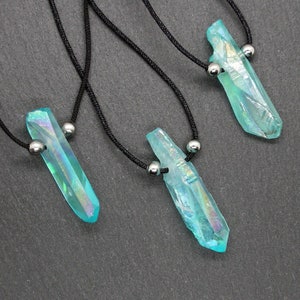Aqua Aura point necklace, Quartz crystal unisex pendant, Minimal accessories, Gift for him or her, Men jewelry