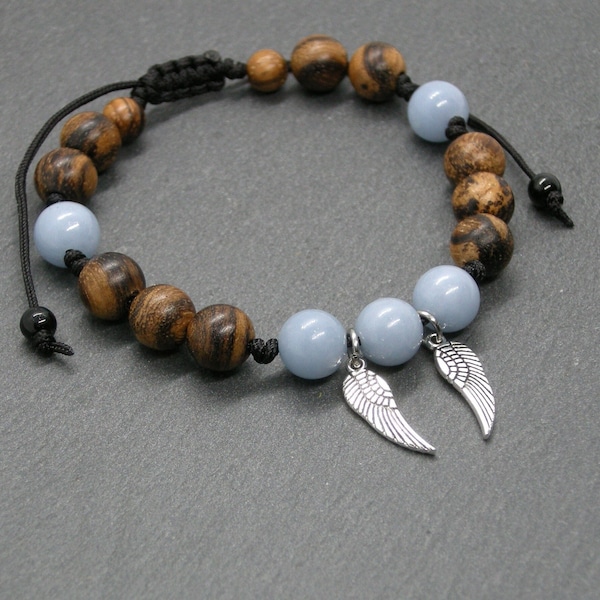 Angelite bracelet with sandalwood and Angel wings, stacking wristband, Boho chic style, Energy unisex jewelry