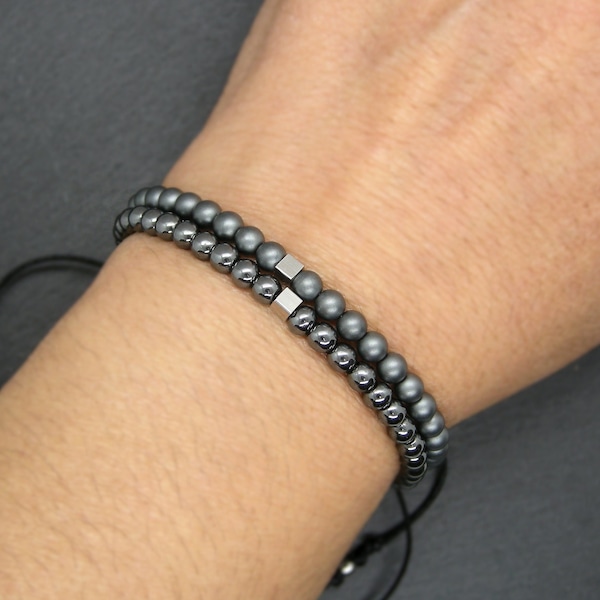 Hematite bracelet, unisex adjustable stacking wristband, stainless steel cube, matte or glossy stones, men jewelry gift