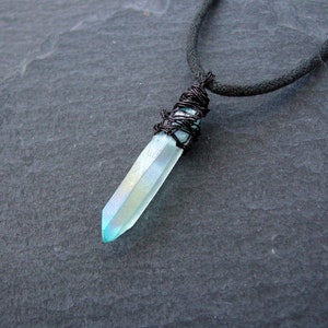 Aqua Aura Quartz Point Pendant: Wire Wrapped Unisex Amulet Necklace, Success Gemstone, Boho Jewelry