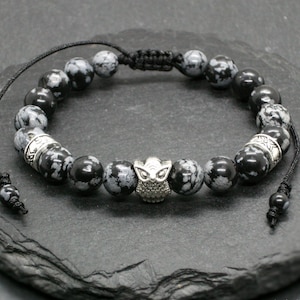 Sneeuwvlokobsidiaan uil herenarmband, een stapelpolsband met beschermende steen, yogamala, cadeau voor hem of haar, herensieraden