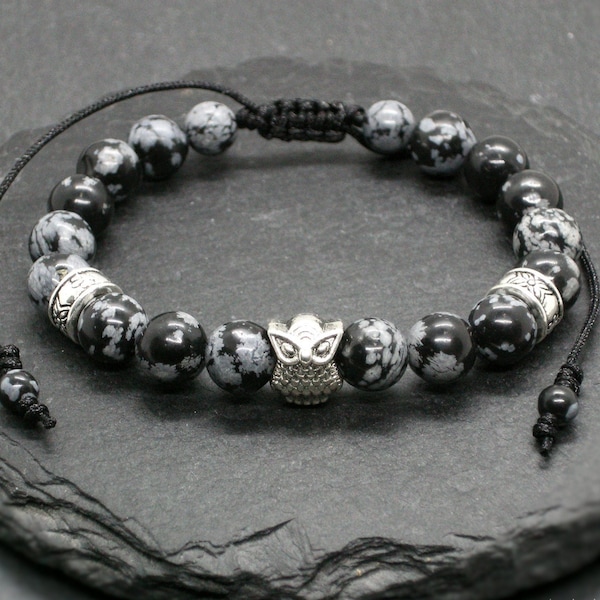 Schneeflocken Obsidian Eule Herren Armband, Armband mit Schutzstein, Yoga Mala, Geschenk für Sie oder Ihn, Herren Schmuck