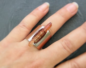 Orange Aura Quartz point ring, on antique copper adjustable ringbase, Boho chic Statement Crystal jewelry