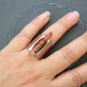 Orange Aura Quartz point ring, on antique copper adjustable ringbase, Boho chic Statement Crystal jewelry