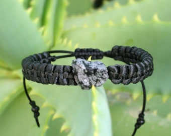 Snowflake Obsidian bracelet, Rough raw stone braided stacking wristband, Unisex cuff, Men jewelry