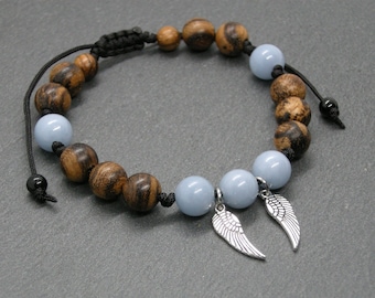 Pulsera de angelita: Cuentas de sándalo, alas de ángel plateadas, pulsera ajustable, joyería unisex energética.