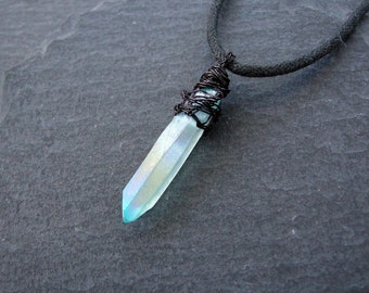 Aqua Aura Quartz point pendant, blue unisex amulet necklace, antistress stone, success gemstone, gift for him, gift for her, men jewelry