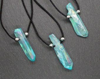Aqua Aura Quartz Point Necklace: Unisex Crystal Pendant, Stainless Steel