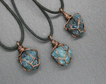 Apatite rough pendant, copper wire wrapped, throat chakra necklace, gift for him or her, unisex men jewelry