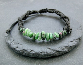 Ruby Zoisite bracelet, Anyolite unisex braided stacking wristband, adjustable jewelry