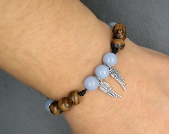 Angelite sandalwood bracelet, Angel wings, Layering gemstones, Stacking wristband, Stress relief amulet, Energy unisex jewelry