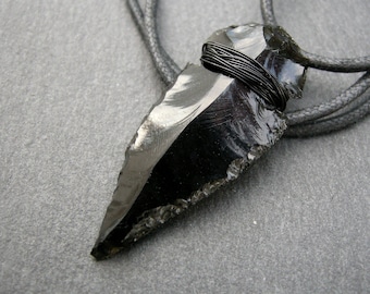 Black Obsidian pendant, long native arrowhead necklace, protective stone, powerful amulet jewel, volcanic glass, gift for him, men jewelry