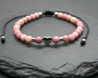 Rhodochrosite heart bracelet, adjustable stacking wristband, stainless steel details, gift idea