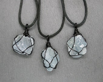 Celestite rough necklace, Celestine raw pendant, black wire wrapped crystal, Unisex amulet, men gift jewelry
