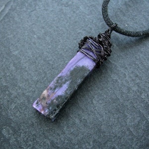 Charoite pendant, wire wrapped amulet necklace, Scorpio Sagittarius gemstone, unisex jewelry