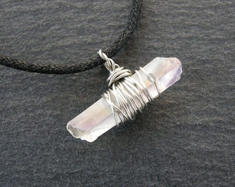 Angel Aura Quartz horizontal point pendant, unisex amulet jewelry, panic attack stone