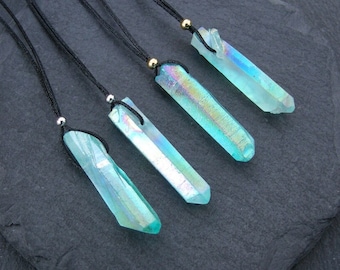 Aqua Aura Quartz point pendant, success stone, anti stress gemstone, unisex amulet necklace, Boho chic jewelry