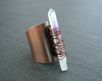 Angel Aura Quartz point ring, antique copper ring, Boho chic Statement ring, Crystal point jewelry