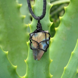 Può includere: Una collana con cordoncino nero con un ciondolo in labradorite avvolto da un filo. Il ciondolo è di colore blu scuro, verde e oro e ha una forma grezza e naturale. La collana è fotografata su una pianta grassa verde.