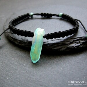 Aqua Aura Quartz point bracelet, braided unisex wristband, anti stress stone image 7