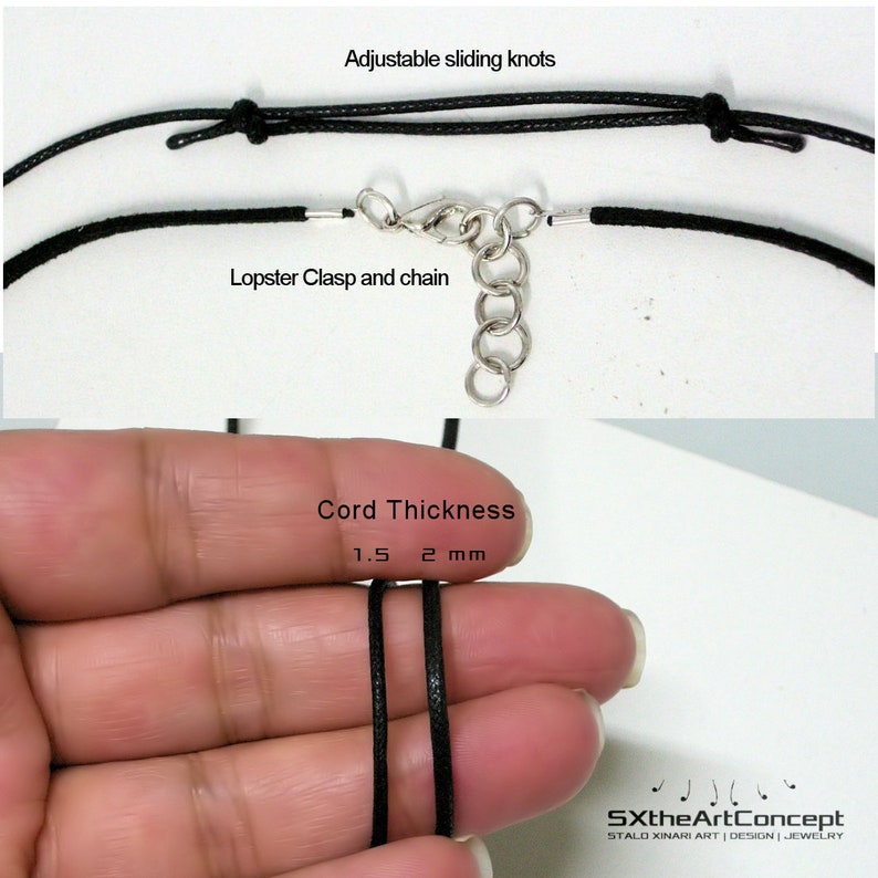 May include: Black adjustable cord necklace with sliding knots, a lobster clasp and chain, and a cord thickness of 1.5 to 2 mm.  "SXtheArtConcept STALO XINARI ART | DESIGN | JEWELRY" is printed on the bottom of the image.