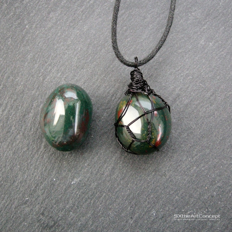 Bloodstone pendant, Heliotrope unisex protective necklace amulet, March Birthstone, balance and anti anxiety gemstone, men gift jewelry