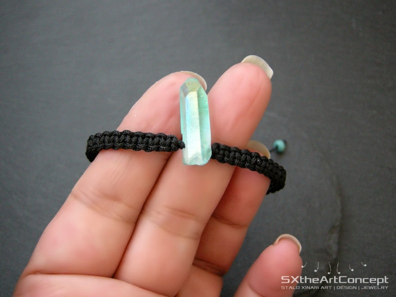 Aqua Aura Quartz point bracelet, braided unisex wristband, anti stress stone image 5